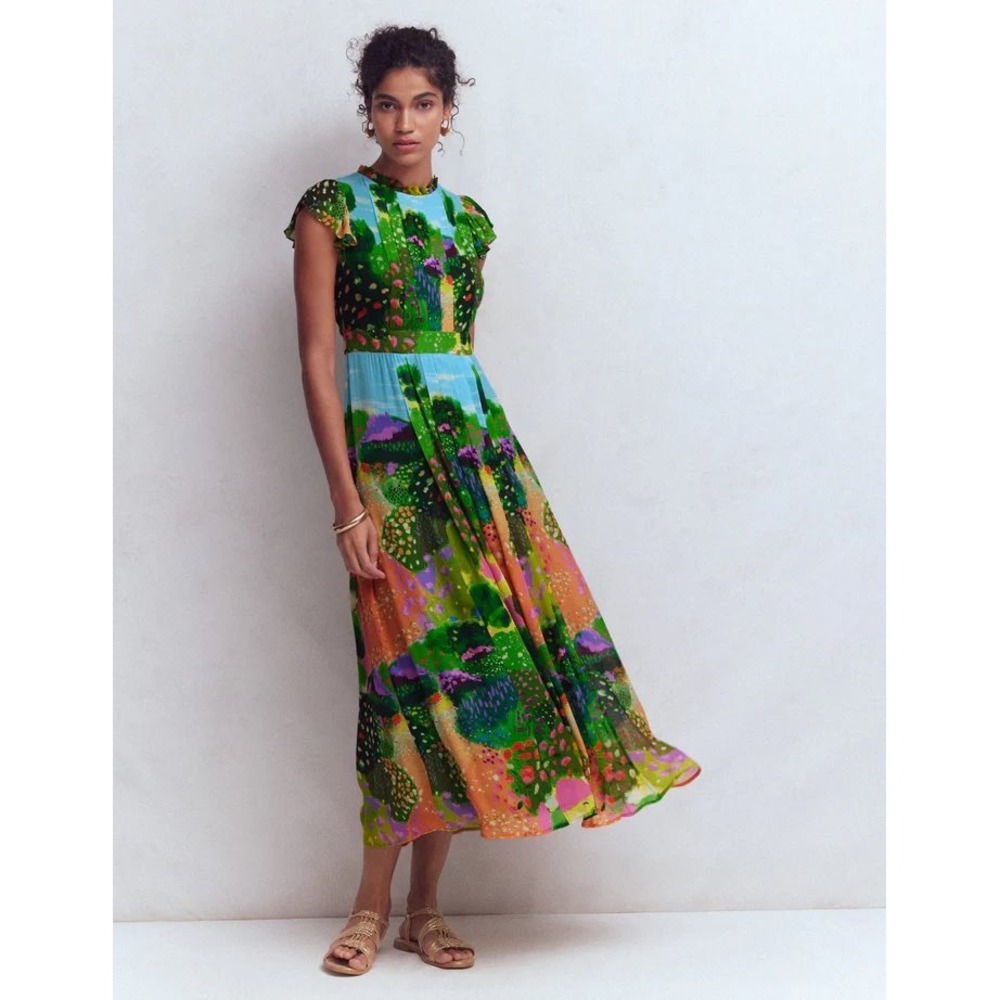 Boden Pleat Ruffle Maxi Dress Multi, Garden Path Multicolor Size 0 Reg New W Tag